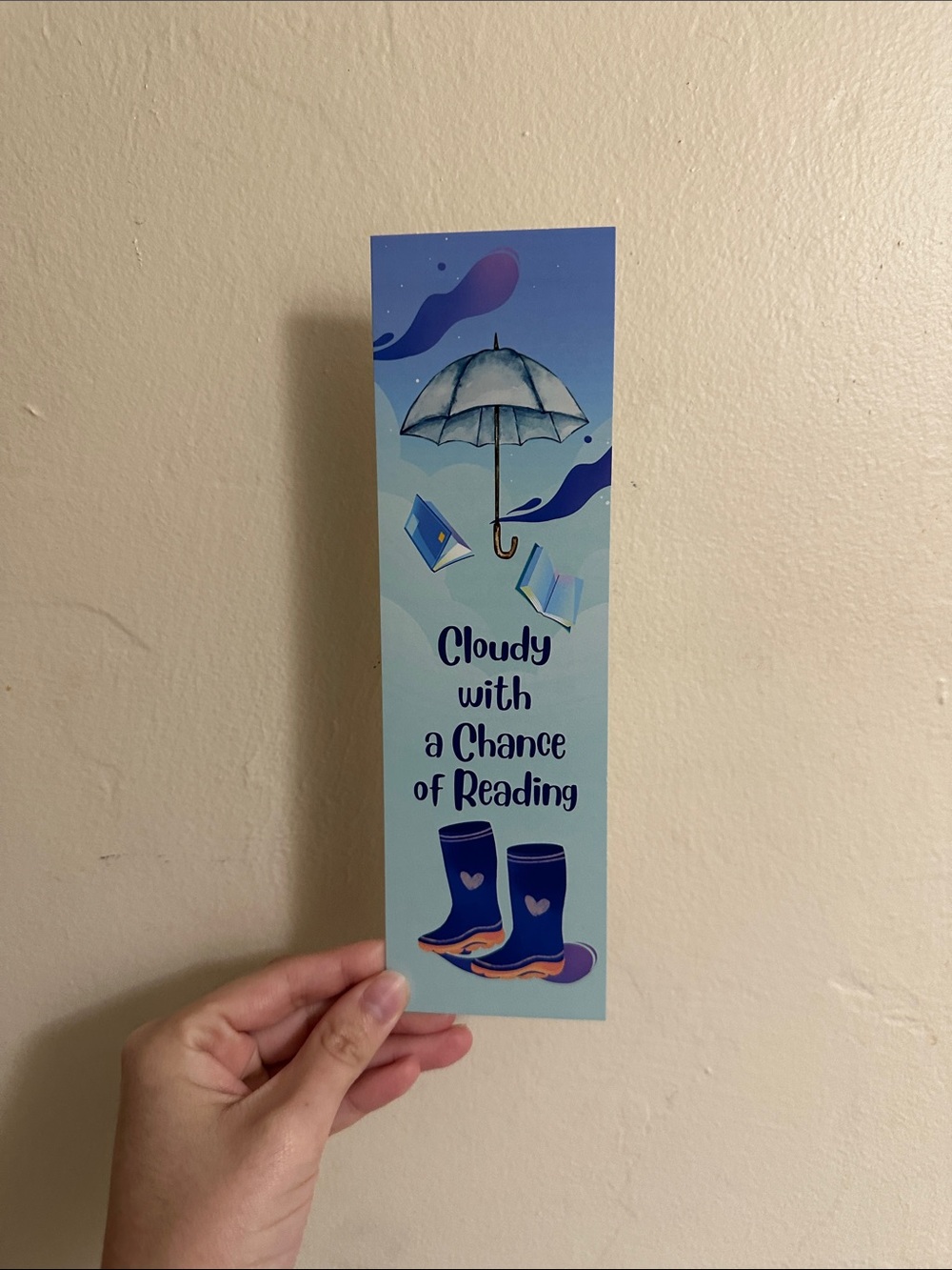 Cloudy with a Chance of Reading Blue Wall Bookmark Art